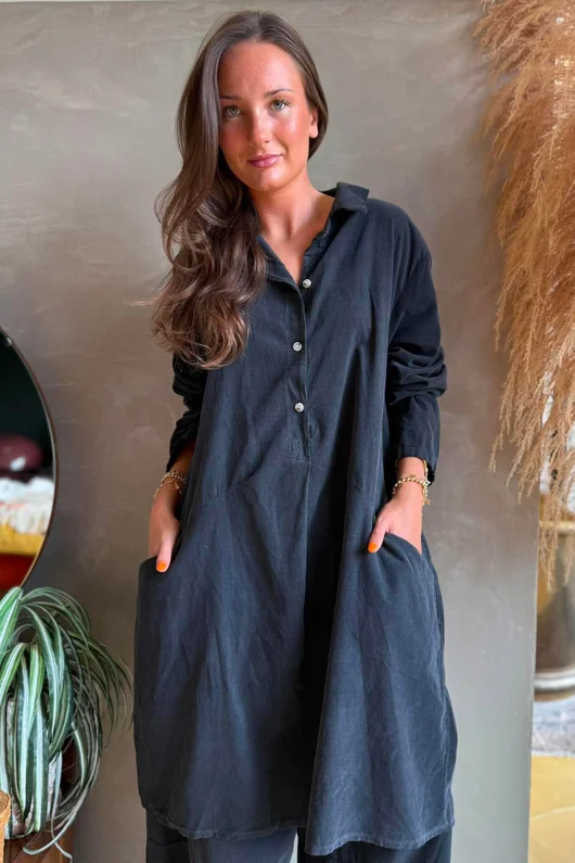 Arbi Needlecord Pop Over Shirt Dress Charcoal